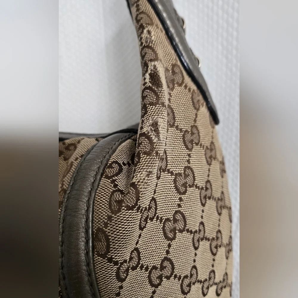 GUC Authentic Gucci GG Beige/ Gray Canvas Techno Horsebit Hobo Handbag - Picture 2 of 16